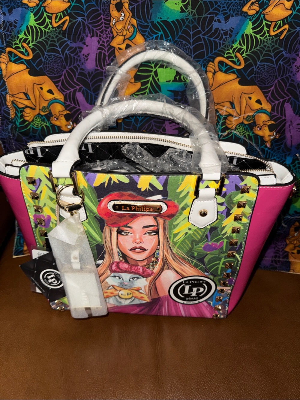 Pink Multi-Color Graphic Satchel with White Handles
